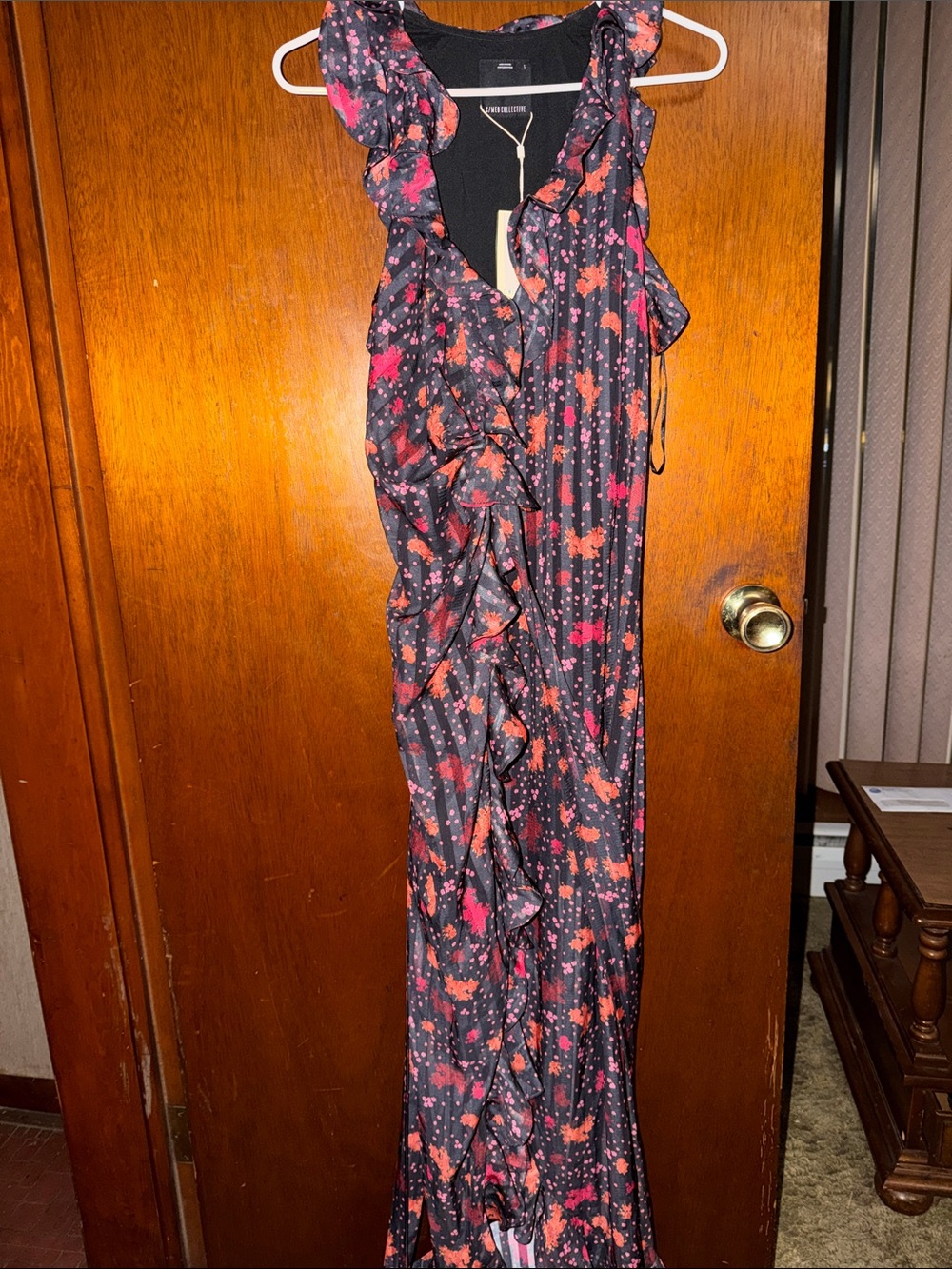 C/MEO Collective Black Floral Ruffle Gown
